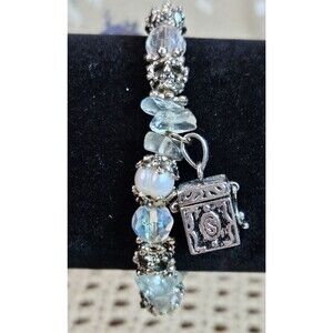 Sterling Silver Prayer Box Charm on Stretch Bracelet Light Blue & Clear Beads